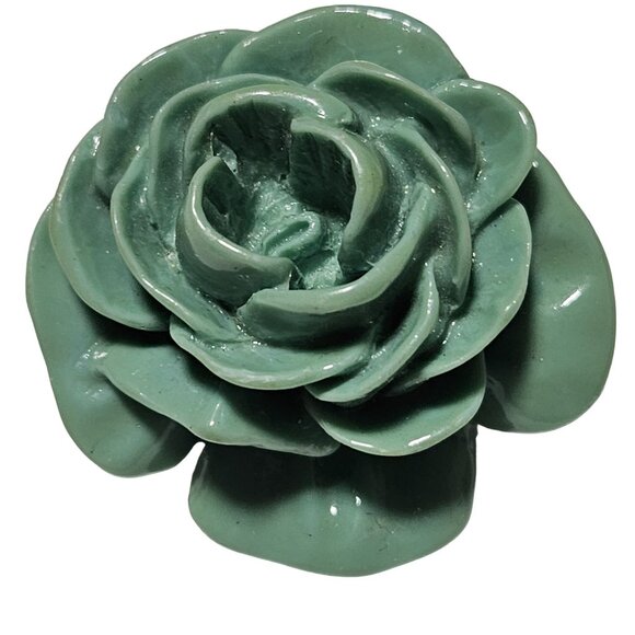 Vintage Green Ceramic Carved Rose Flower Stretch Ring Retro 60s Fashion Jewelry - Picture 1 of 4